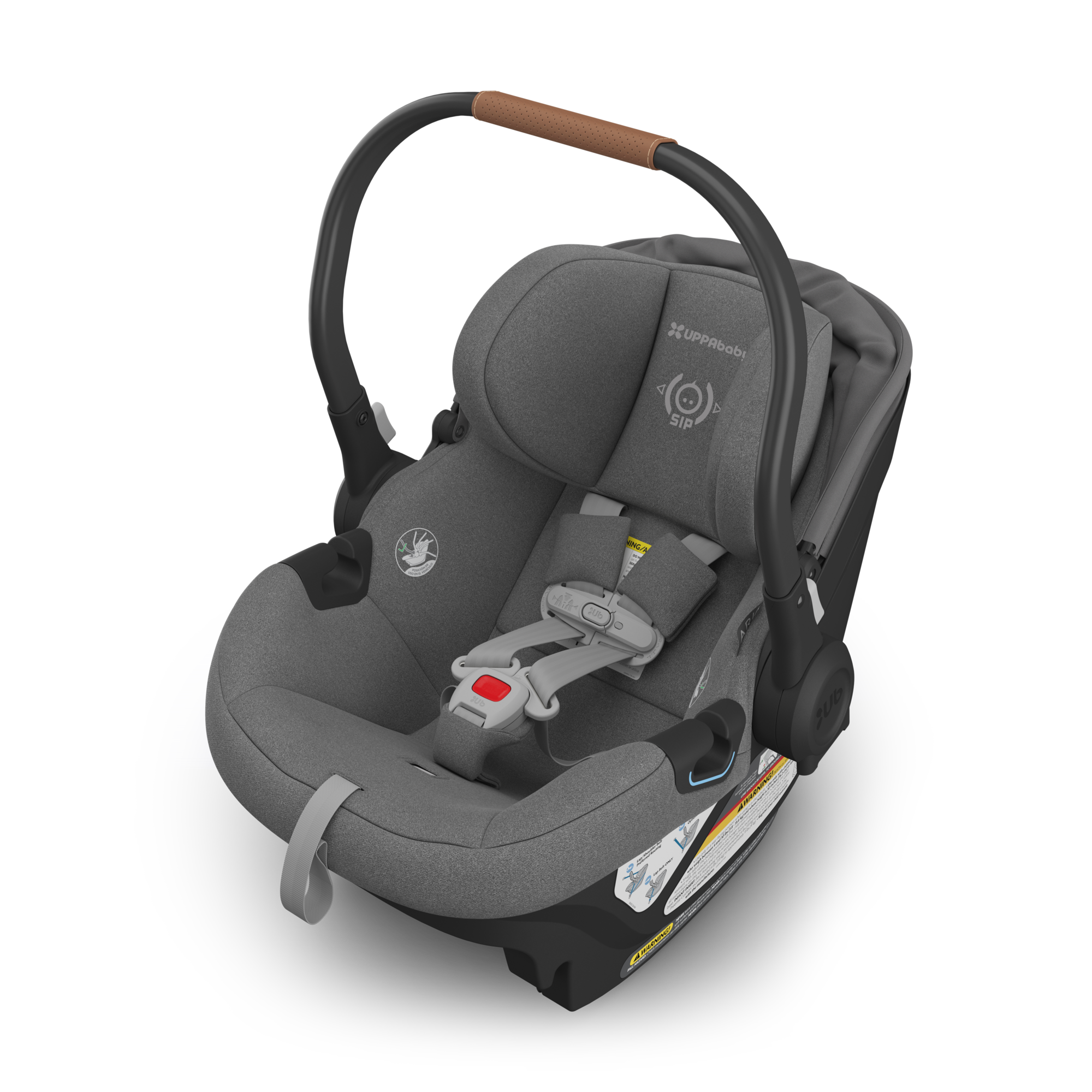 UPPAbaby Aria Infant Car Seat - Greyson (Charcoal Melange/Saddle Leather) Side Angle CAnopy Down