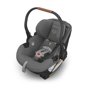UPPAbaby Aria Infant Car Seat - Greyson (Charcoal Melange/Saddle Leather) Side Angle CAnopy Down