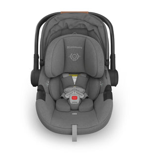 UPPAbaby Aria Infant Car Seat - Greyson (Charcoal Melange/Saddle Leather) Above Canopy Down