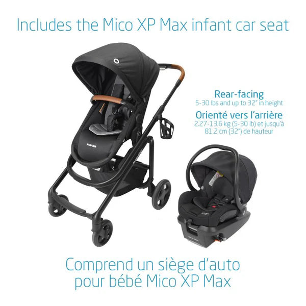 Maxi-Cosi Lila CP Stroller Travel System with Mico XP Max Infant Seat - Essential Black Bundle Includes Stroller and Infant Car Seat