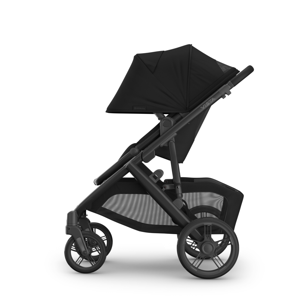 UPPAbaby Vista V3 Stroller - James (Black | Carbon Frame | Black Leather) - Side View with Extended Canopy