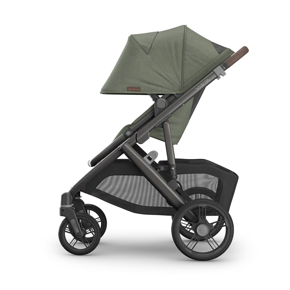 UPPAbaby Vista V3 Stroller - Evelyn (Meadow Green/Graphite Frame/Chestnut Leather) - Side View Canopy Extended