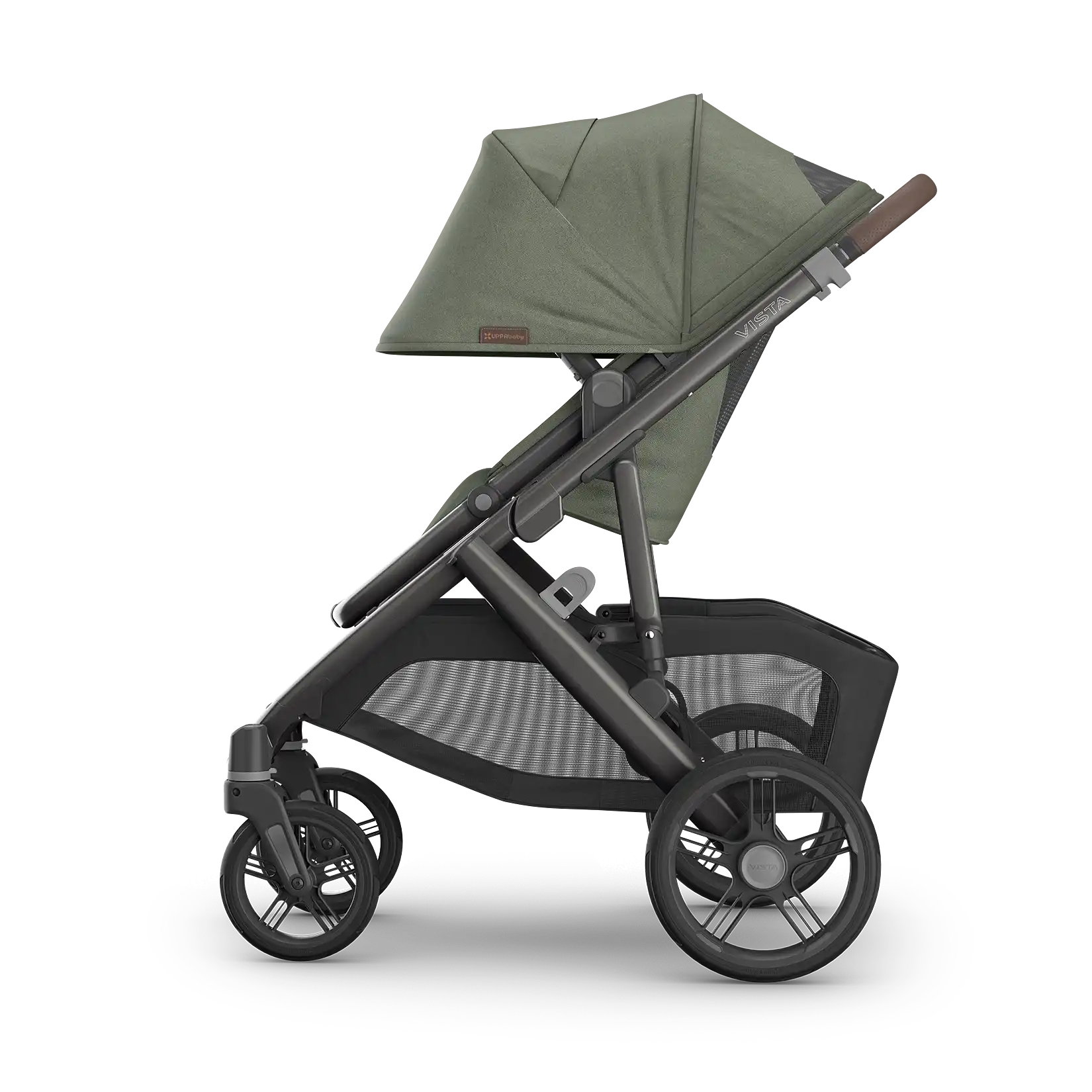 UPPAbaby Vista V3 Stroller - Evelyn (Meadow Green/Graphite Frame/Chestnut Leather) - Side View Canopy Extended