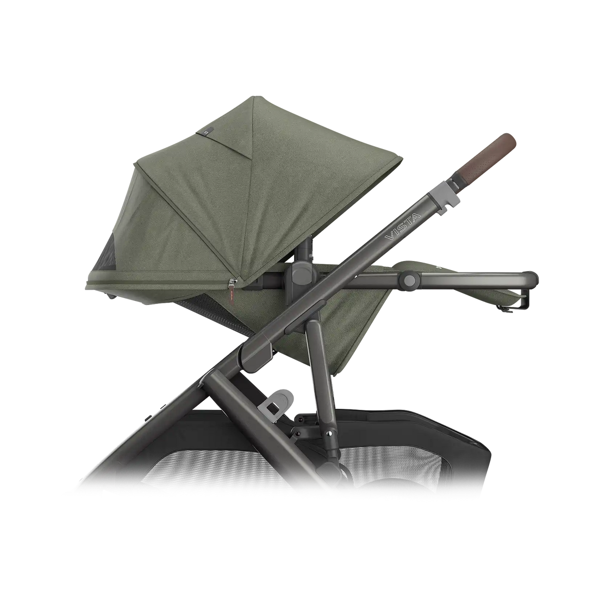 UPPAbaby Vista V3 Stroller - Evelyn (Meadow Green/Graphite Frame/Chestnut Leather) - Side View Fully Reclined