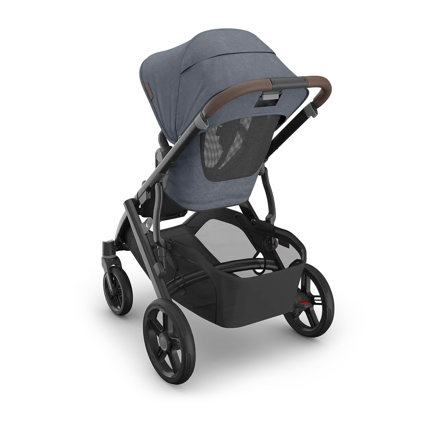 UPPAbaby Vista V3 Stroller - Julian (Dusty Blue Melange/Carbon Frame/Chestnut Leather) - Back Angle View