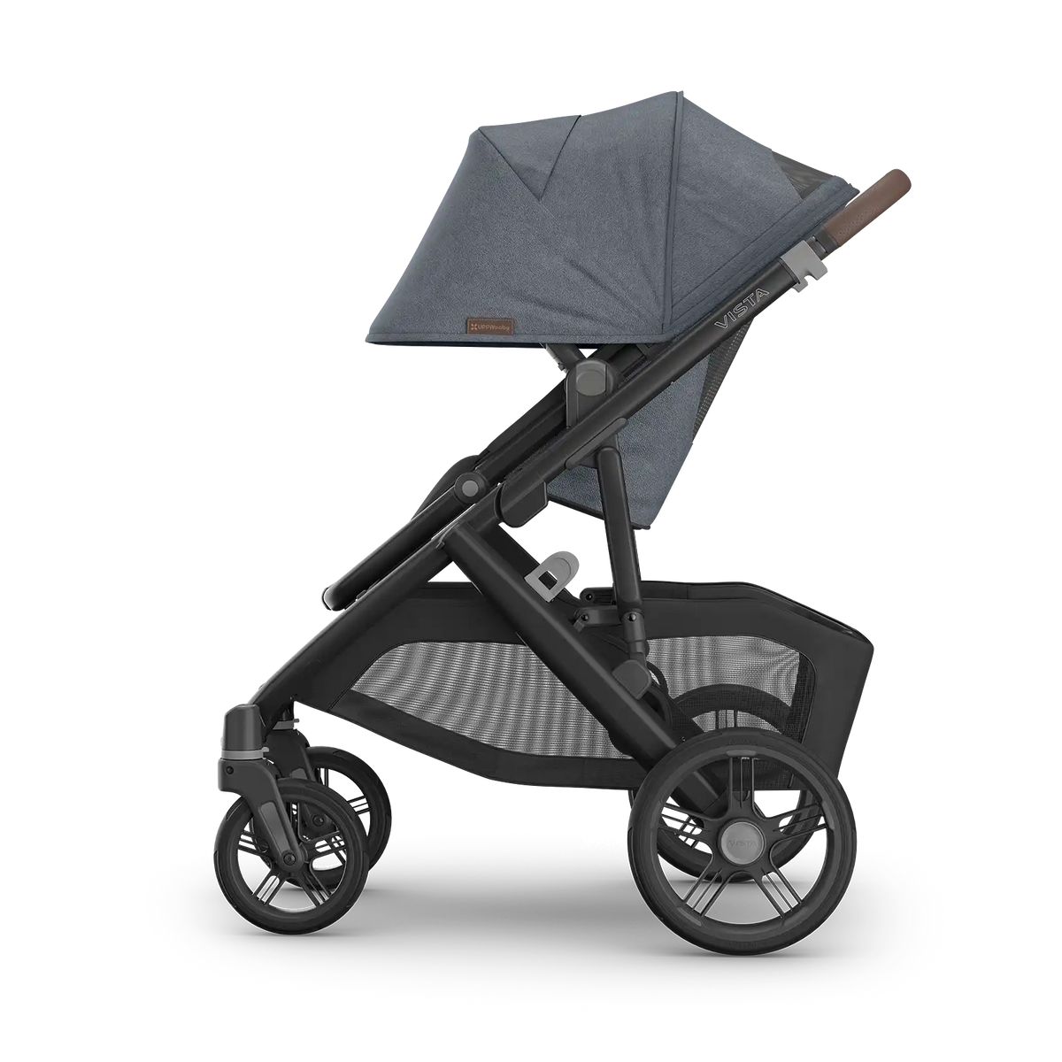 UPPAbaby Vista V3 Stroller - Julian (Dusty Blue Melange/Carbon Frame/Chestnut Leather) - Side View Canopy Extended