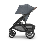 UPPAbaby Vista V3 Stroller - Julian (Dusty Blue Melange/Carbon Frame/Chestnut Leather) - Side View Canopy Extended