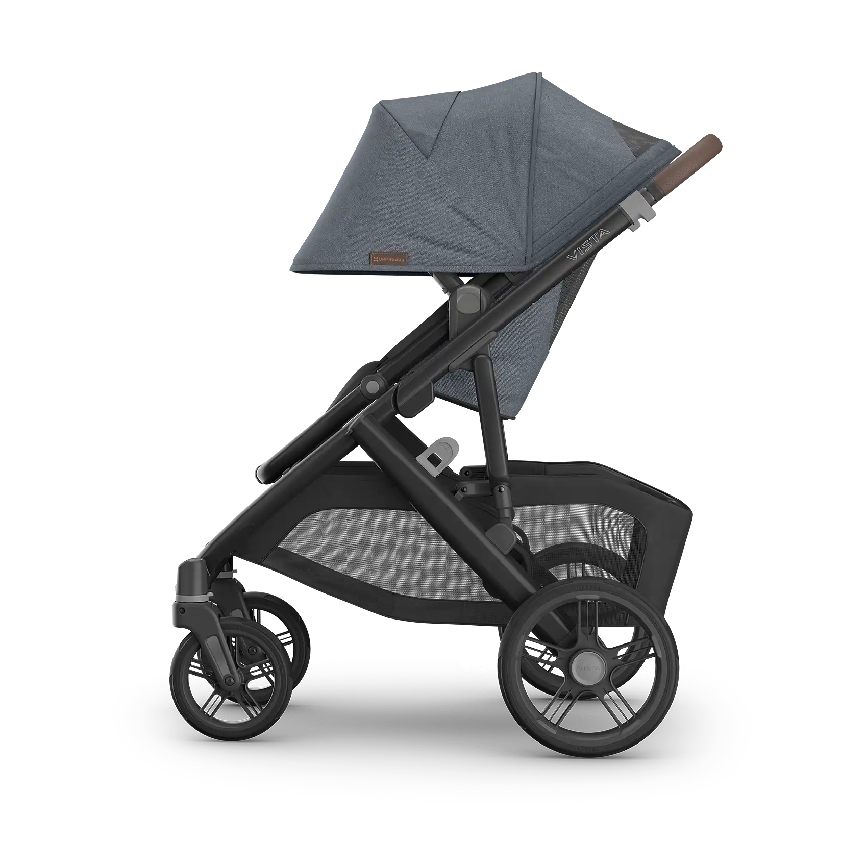 UPPAbaby Vista V3 Stroller - Julian (Dusty Blue Melange/Carbon Frame/Chestnut Leather) - Side View Canopy Extended