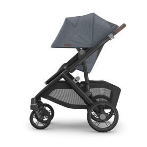 UPPAbaby Vista V3 Stroller - Julian (Dusty Blue Melange/Carbon Frame/Chestnut Leather) - Side View Canopy Extended