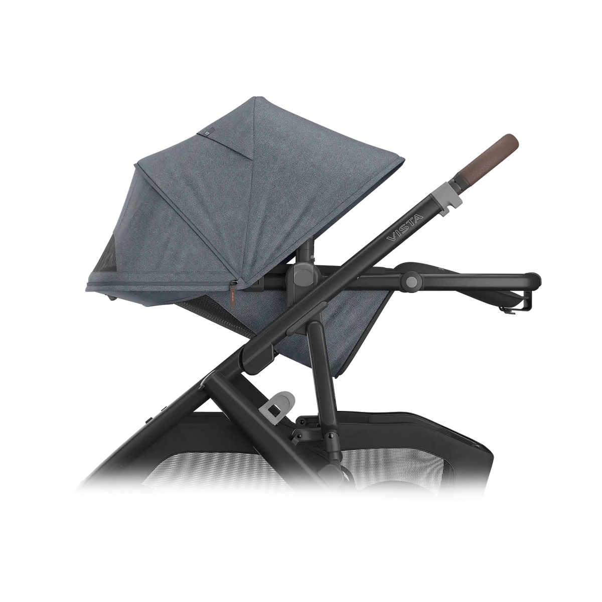 UPPAbaby Vista V3 Stroller - Julian (Dusty Blue Melange/Carbon Frame/Chestnut Leather) - Side View Fully Reclined