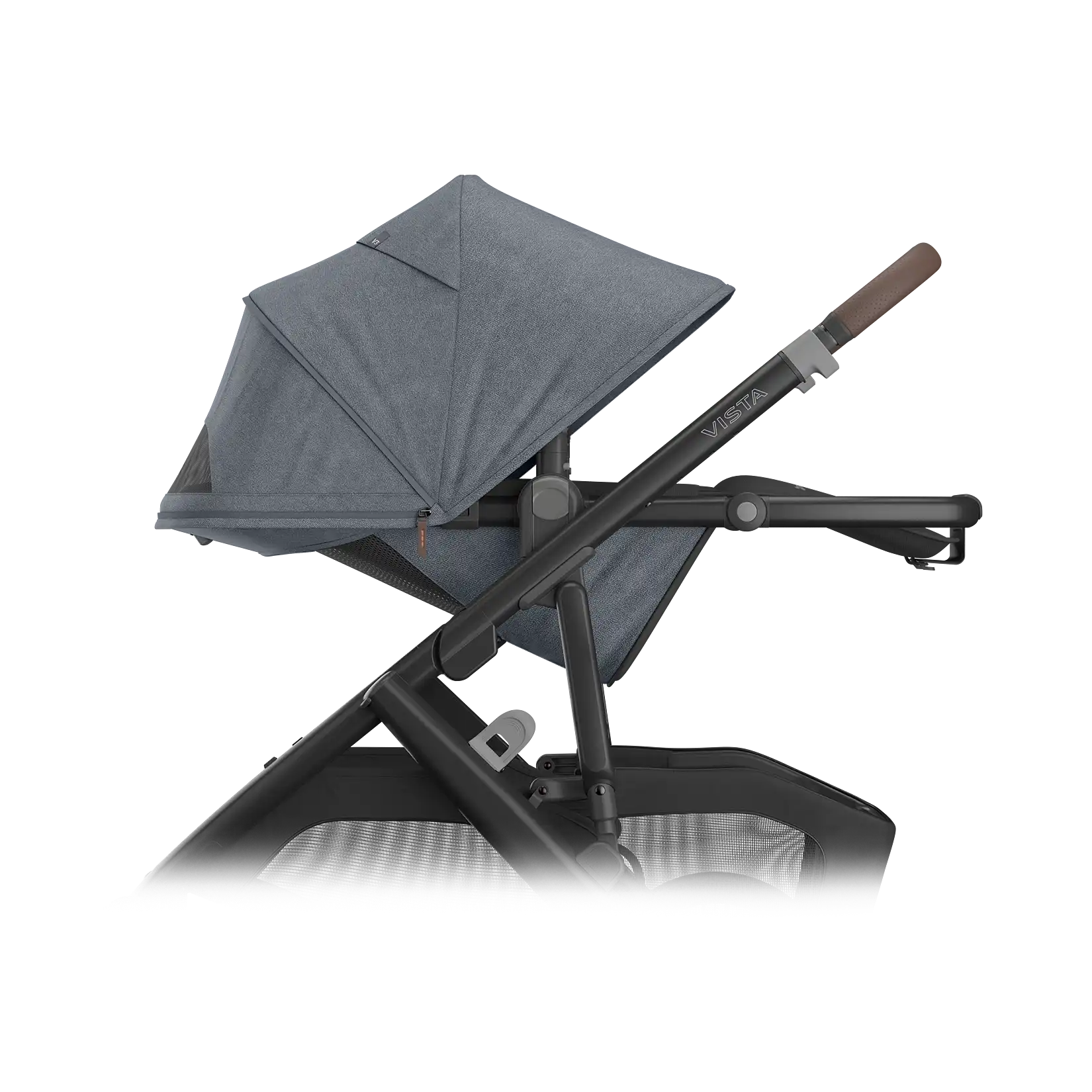 UPPAbaby Vista V3 Stroller - Julian (Dusty Blue Melange/Carbon Frame/Chestnut Leather) - Side View Fully Reclined