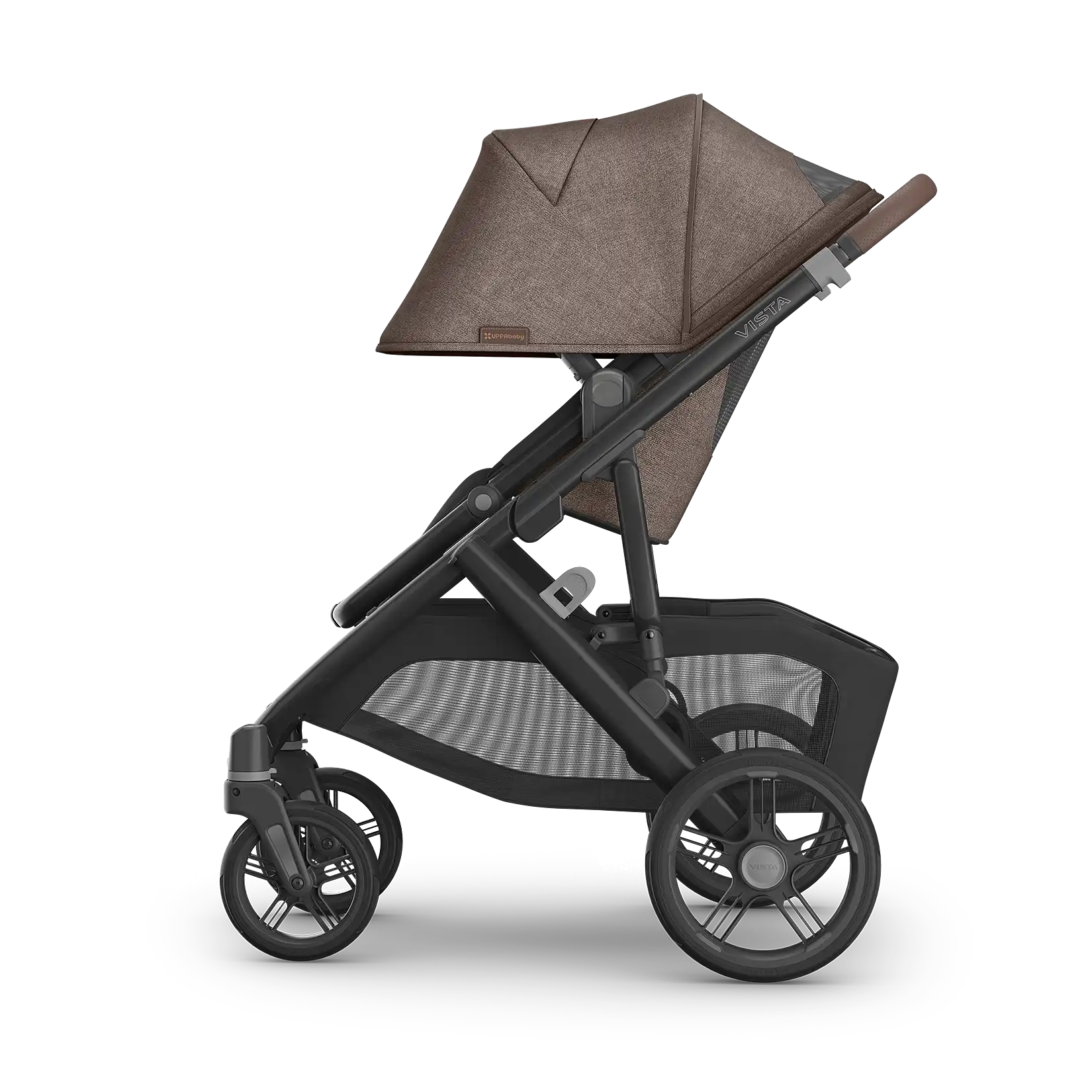 UPPAbaby Vista V3 Stroller - Owen (Mocha Melange/Carbon Frame/Chestnut Leather) - Side View Canopy Extended