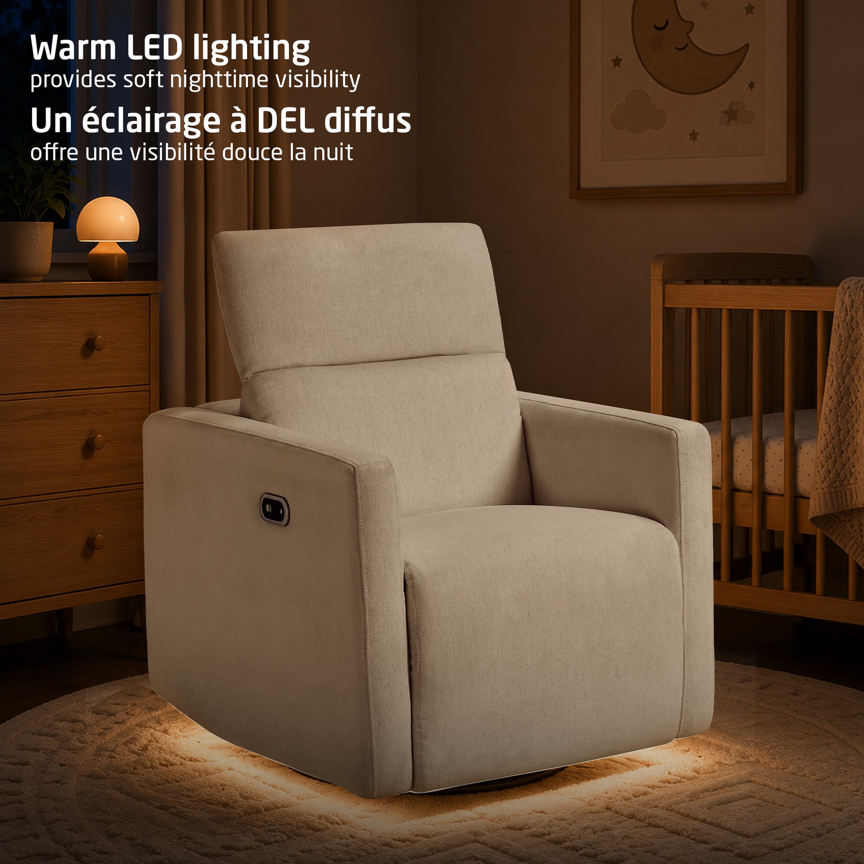 Maxi-Cosi Isla Cloud Swivel Glider & Power Recliner - Vanilla Warm LED Nightlight provides soft light at night