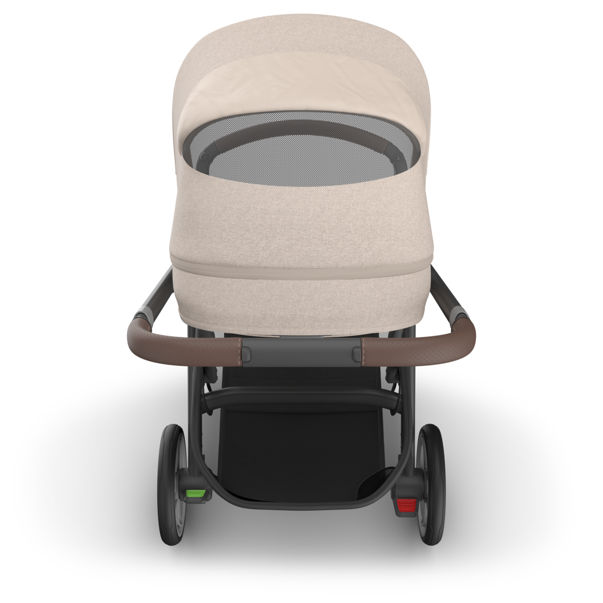 UPPAbaby Cruz V3 Stroller - Ada (Sandstone Melange | Carbon Frame | Chestnut Leather) Top rear view with Peek a Boo