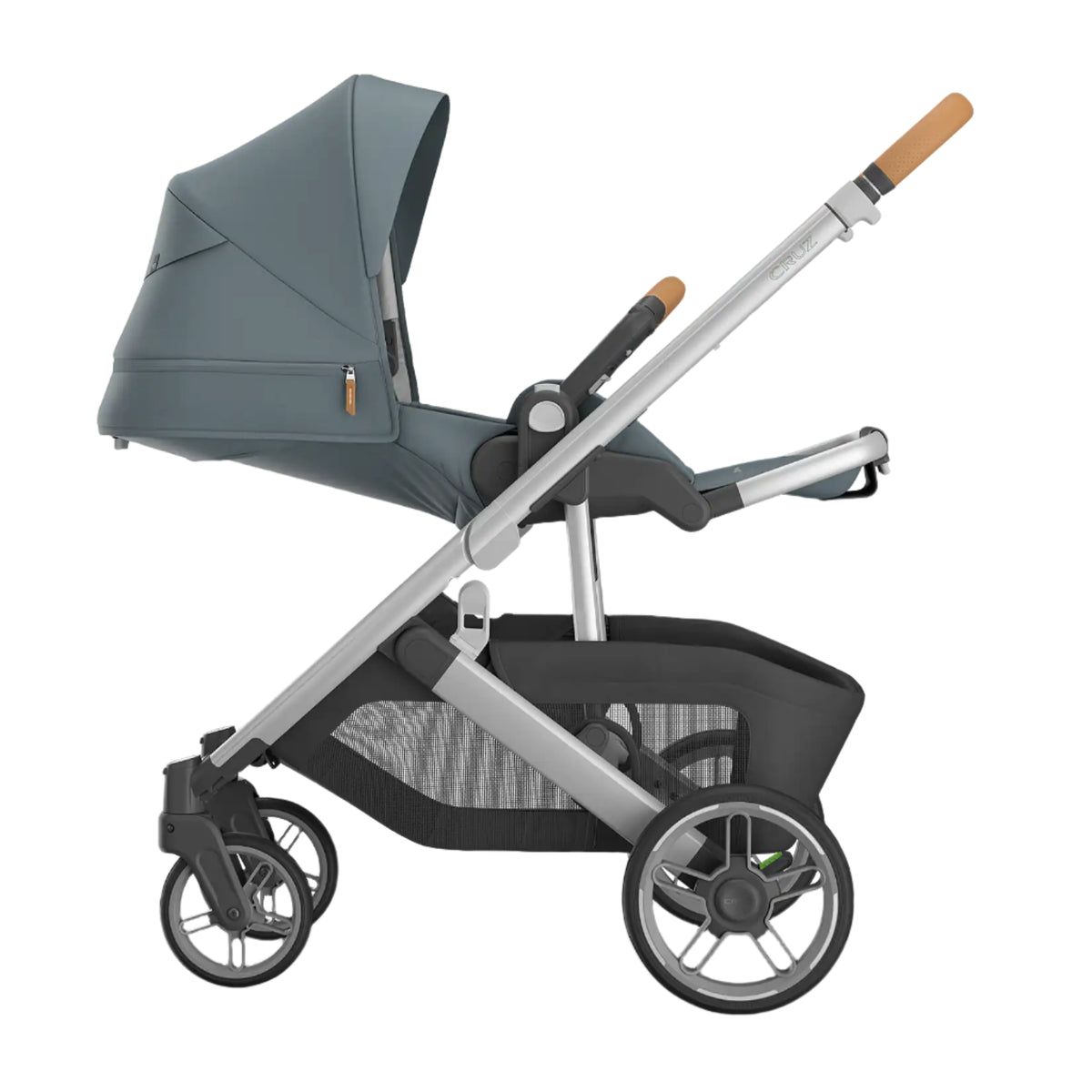 UPPAbaby Cruz V3 Stroller - Callum (Stone Blue/Silver Frame/Sand Leather) - Side View Reclined