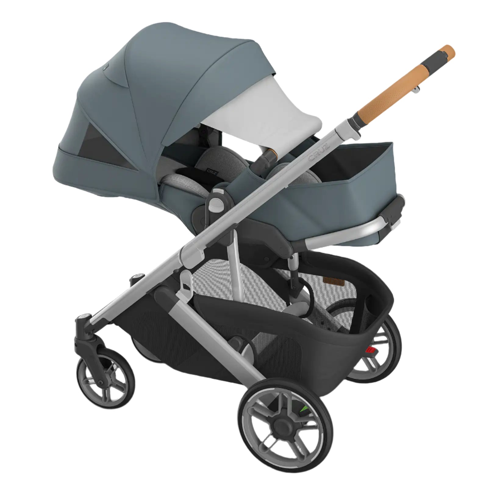 UPPAbaby Cruz V3 Stroller - Callum (Stone Blue/Silver Frame/Sand Leather) - Reclined with Extended Sun Canopy