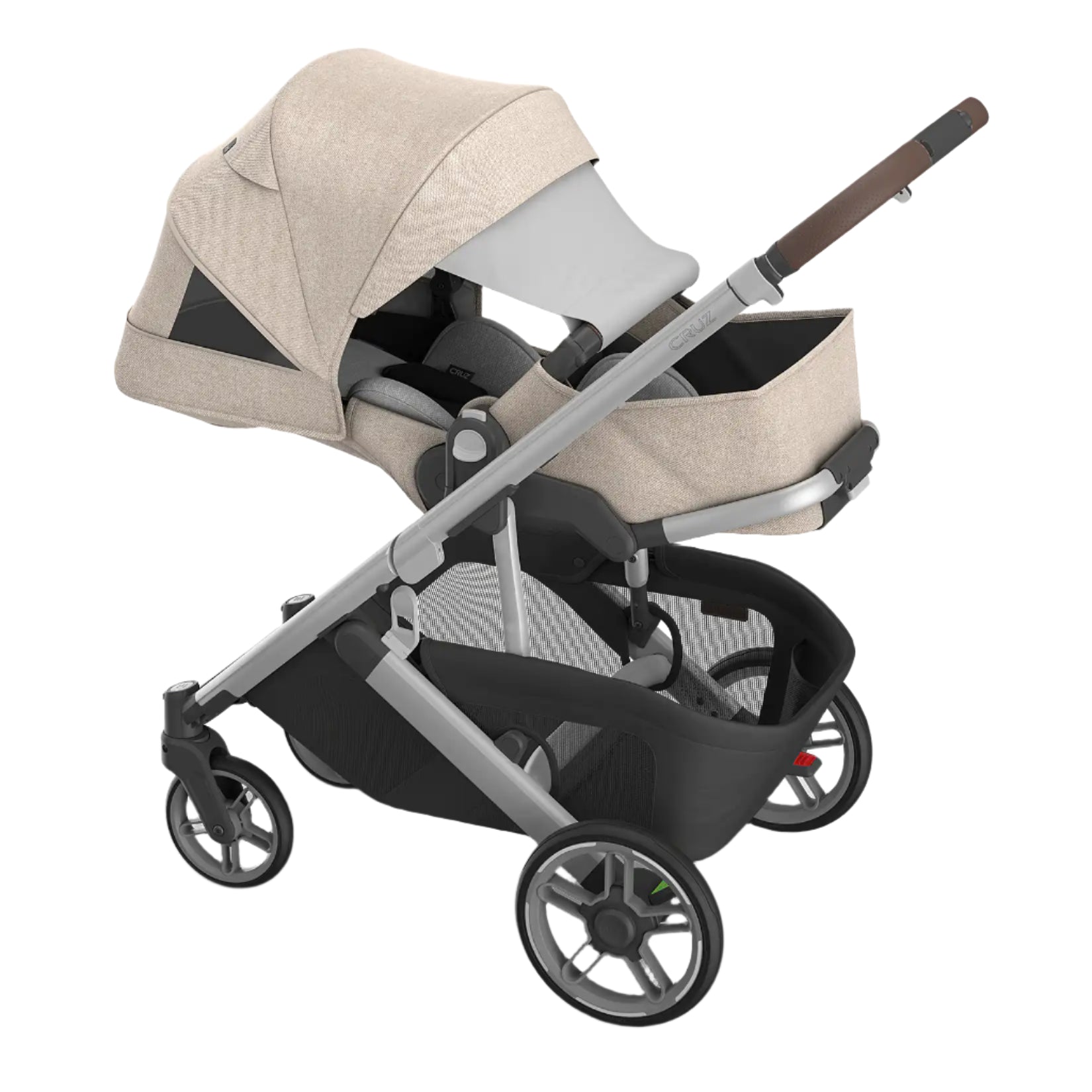 UPPAbaby Cruz V3 Stroller - Declan (Oat Melange/Silver Frame/Chestnut Leather) - Reclined with Sun Canopy Extended