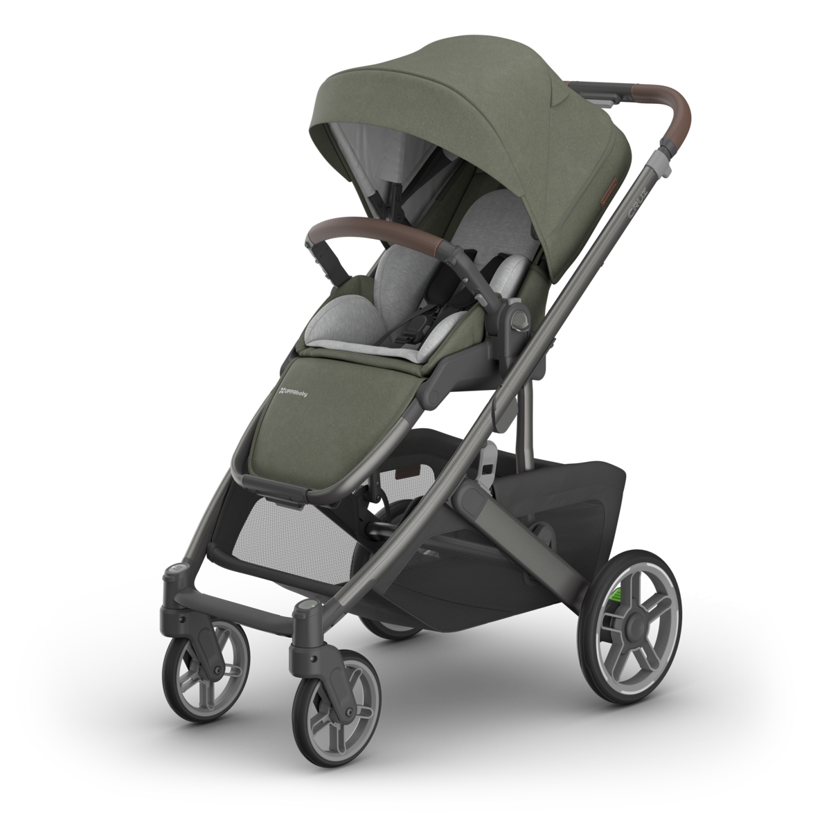 UPPAbaby Cruz V3 Stroller - Evelyn (Meadow Green/Graphite Frame/Chestnut Leather) - Front Angle View with Insert