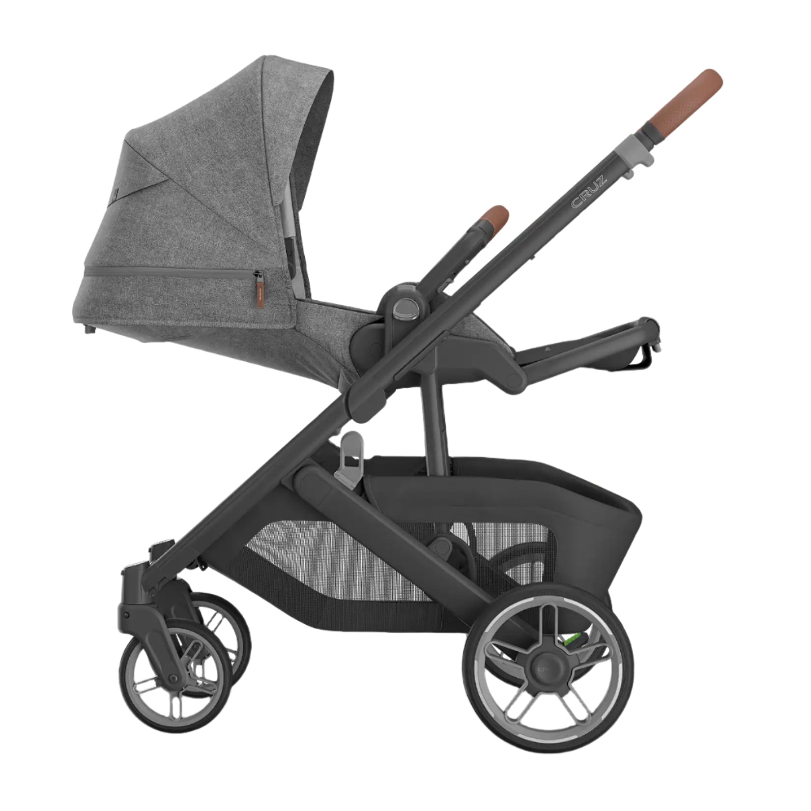 UPPAbaby Cruz V3 Stroller - Greyson (Charcoal Melange/Carbon Frame/Saddle Leather) - Reclined Side View