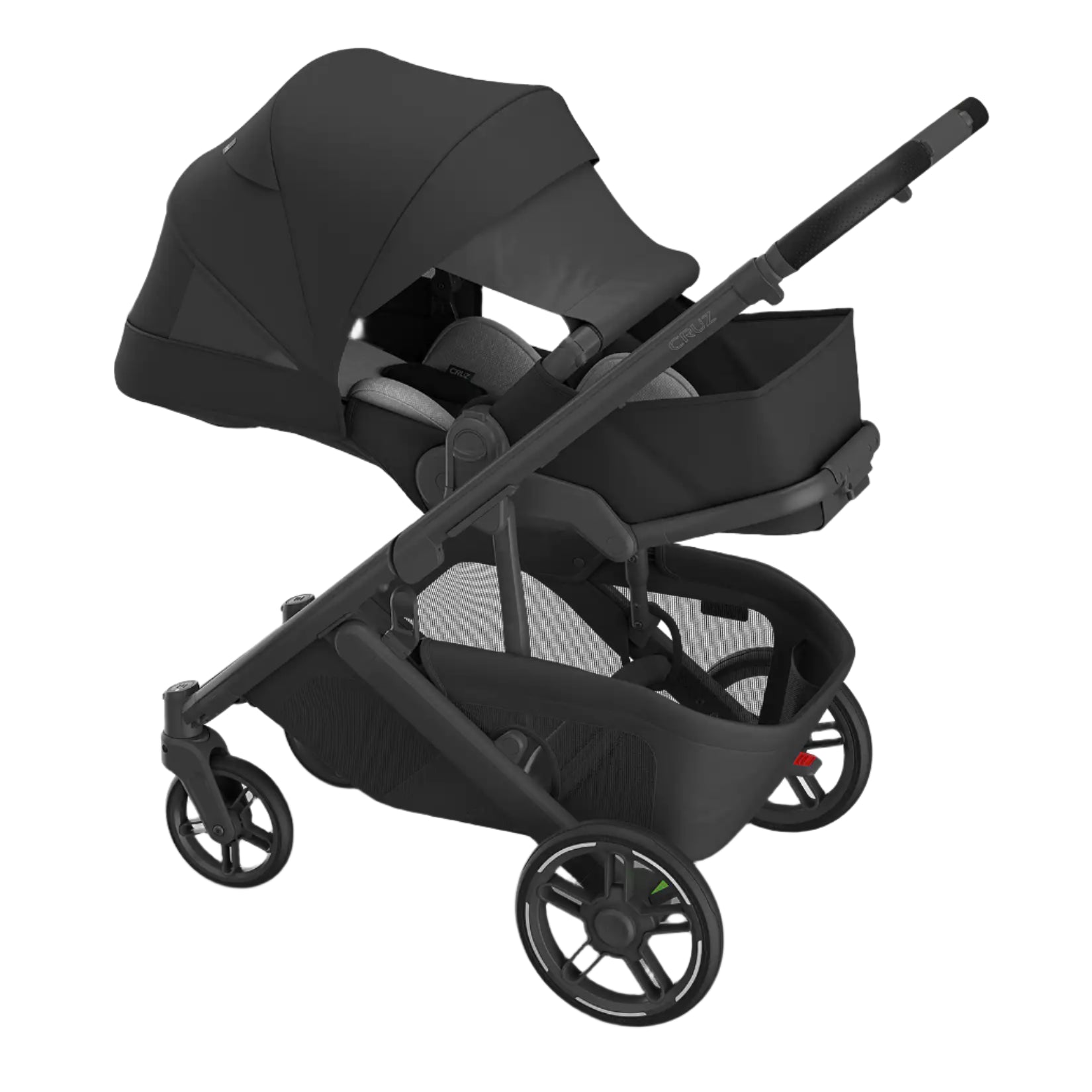 UPPAbaby Cruz V3 Stroller - Jake (Charcoal/Carbon Frame/Black Leather) - Infant Ready Side View with Canopy Extended