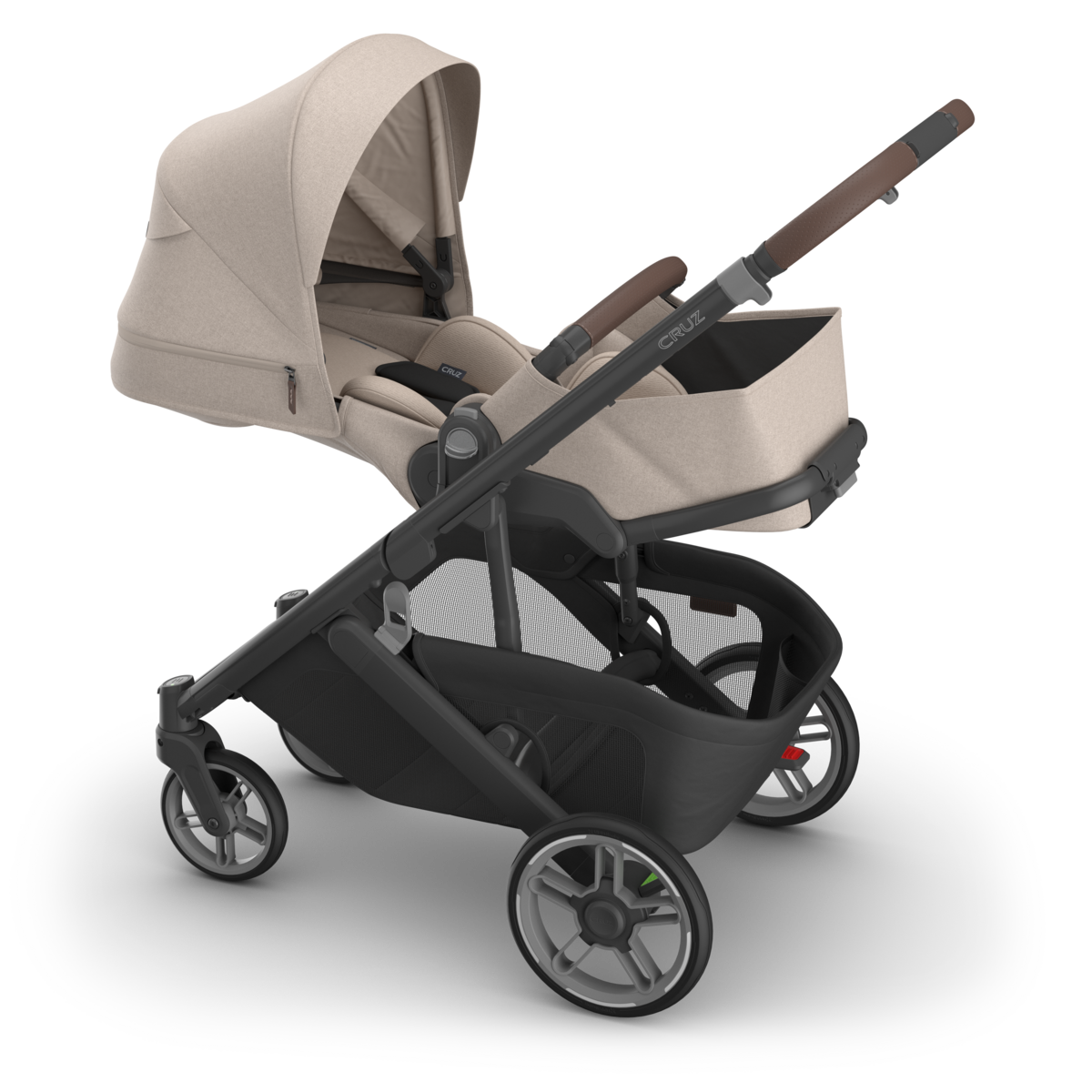 UPPAbaby Cruz V3 Stroller - Ada (Sandstone Melange | Carbon Frame | Chestnut Leather) - Side Angle Newborn Ready