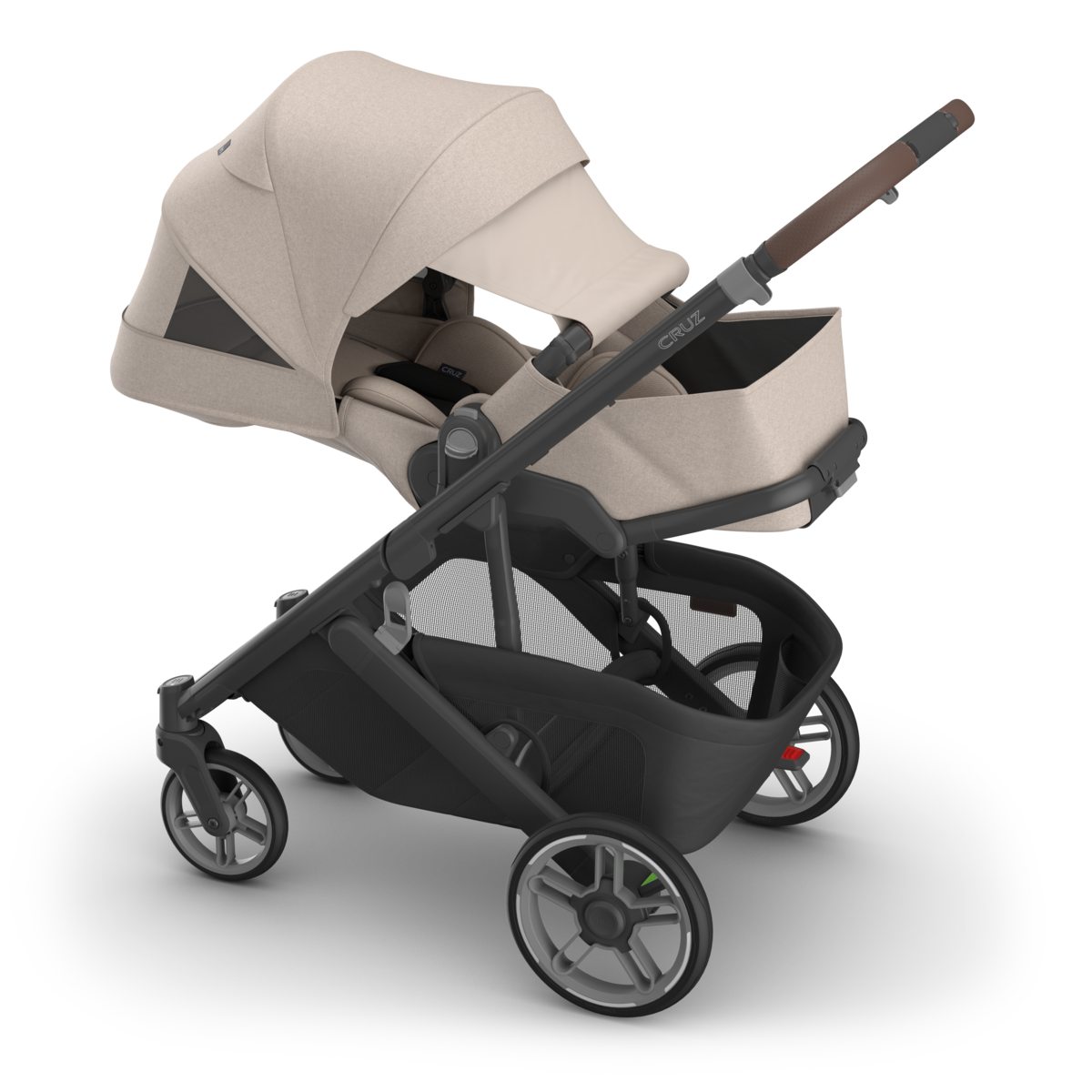 UPPAbaby Cruz V3 Stroller - Ada (Sandstone Melange | Carbon Frame | Chestnut Leather) - Side View with Extended Canopy