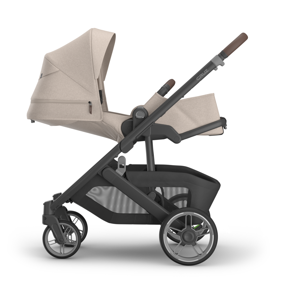 UPPAbaby Cruz V3 Stroller - Ada (Sandstone Melange | Carbon Frame | Chestnut Leather) Side View Reclined Newborn
