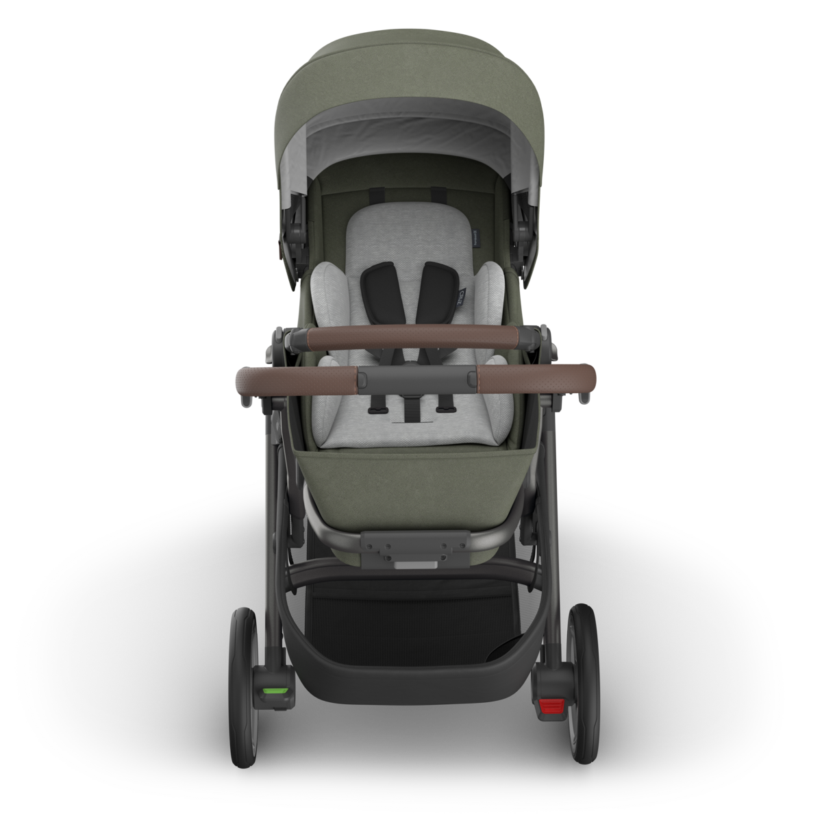 UPPAbaby Cruz V3 Stroller - Evelyn (Meadow Green/Graphite Frame/Chestnut Leather) - Front View with Infant Insert