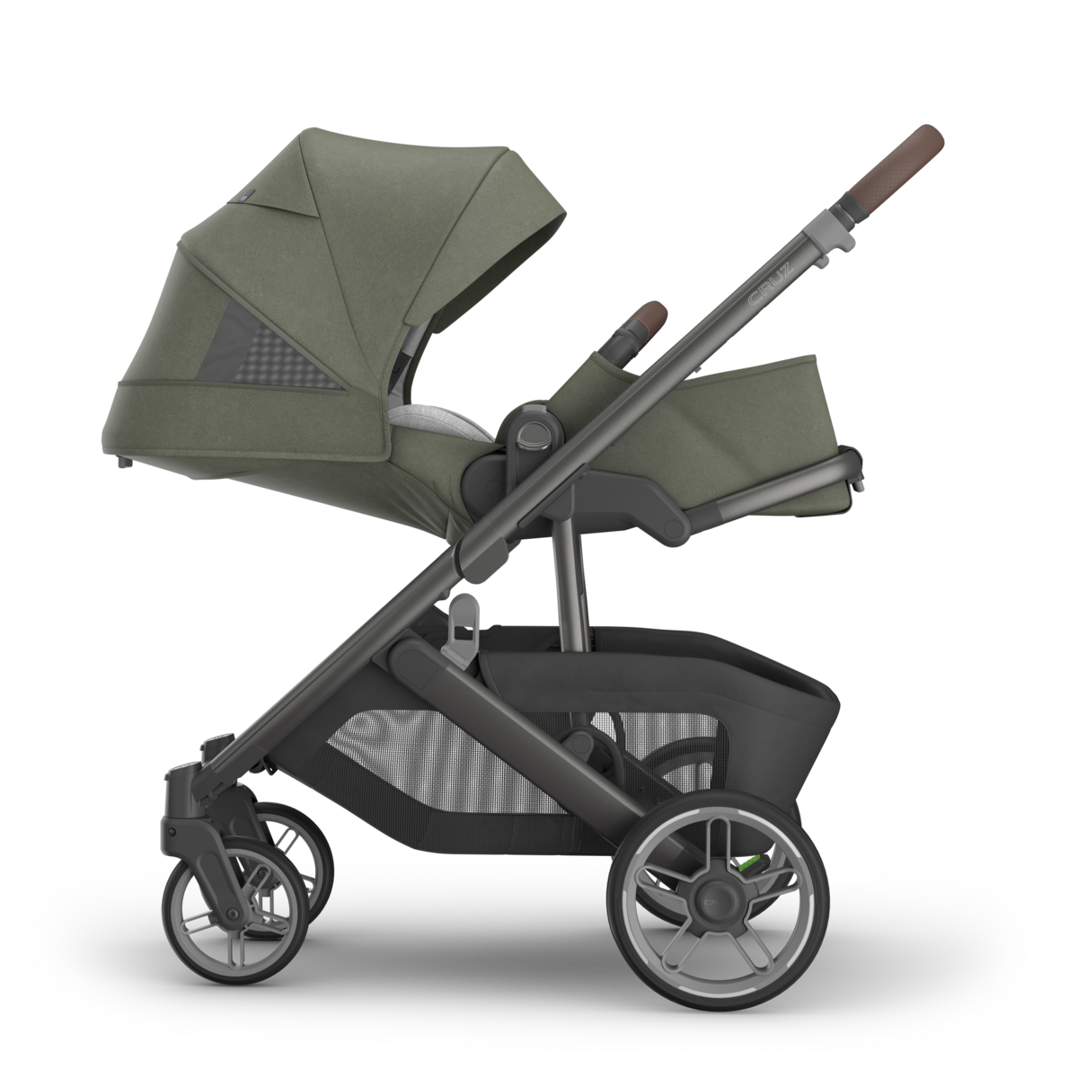 UPPAbaby Cruz V3 Stroller - Evelyn (Meadow Green/Graphite Frame/Chestnut Leather) - Side View Infant Ready