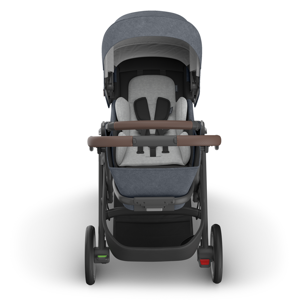 UPPAbaby Cruz V3 Stroller - Julian (Dusty Blue Melange/Carbon Frame/Chestnut Leather) - Front View with Infant Insert