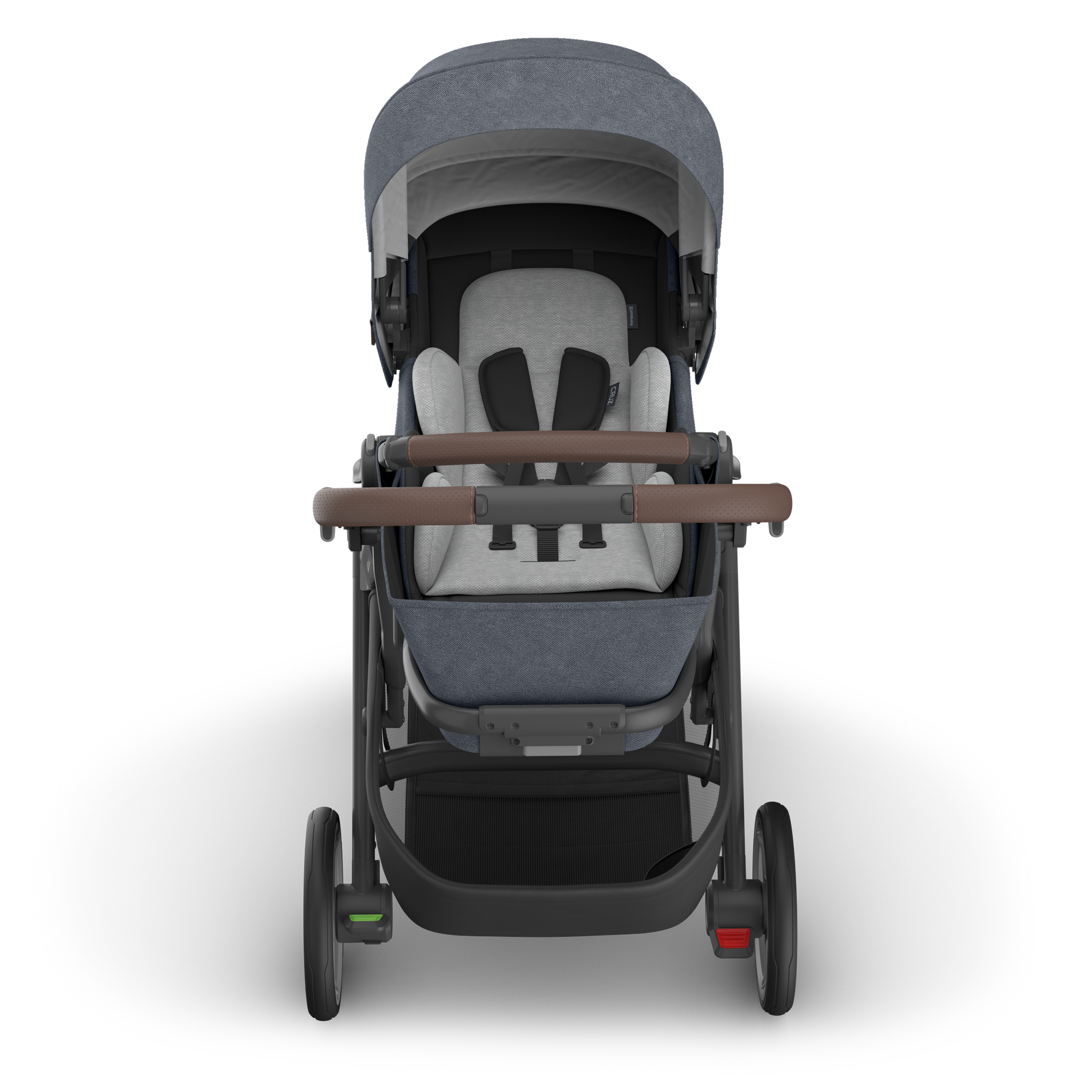 UPPAbaby Cruz V3 Stroller - Julian (Dusty Blue Melange/Carbon Frame/Chestnut Leather) - Front View with Infant Insert