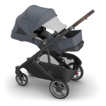 UPPAbaby Cruz V3 Stroller - Julian (Dusty Blue Melange/Carbon Frame/Chestnut Leather) - Front Angle with Sun Shade