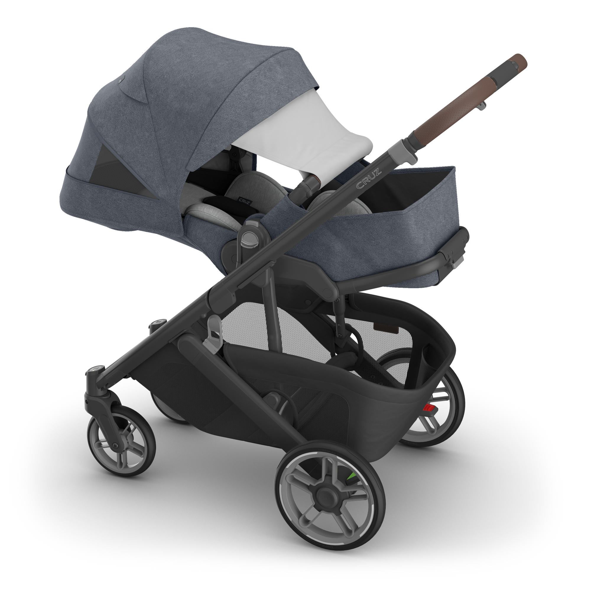 UPPAbaby Cruz V3 Stroller - Julian (Dusty Blue Melange/Carbon Frame/Chestnut Leather) - Front Angle with Sun Shade