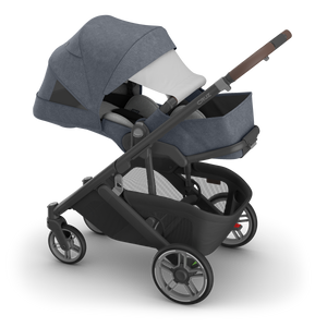 UPPAbaby Cruz V3 Stroller - Julian (Dusty Blue Melange/Carbon Frame/Chestnut Leather) - Front Angle with Sun Shade
