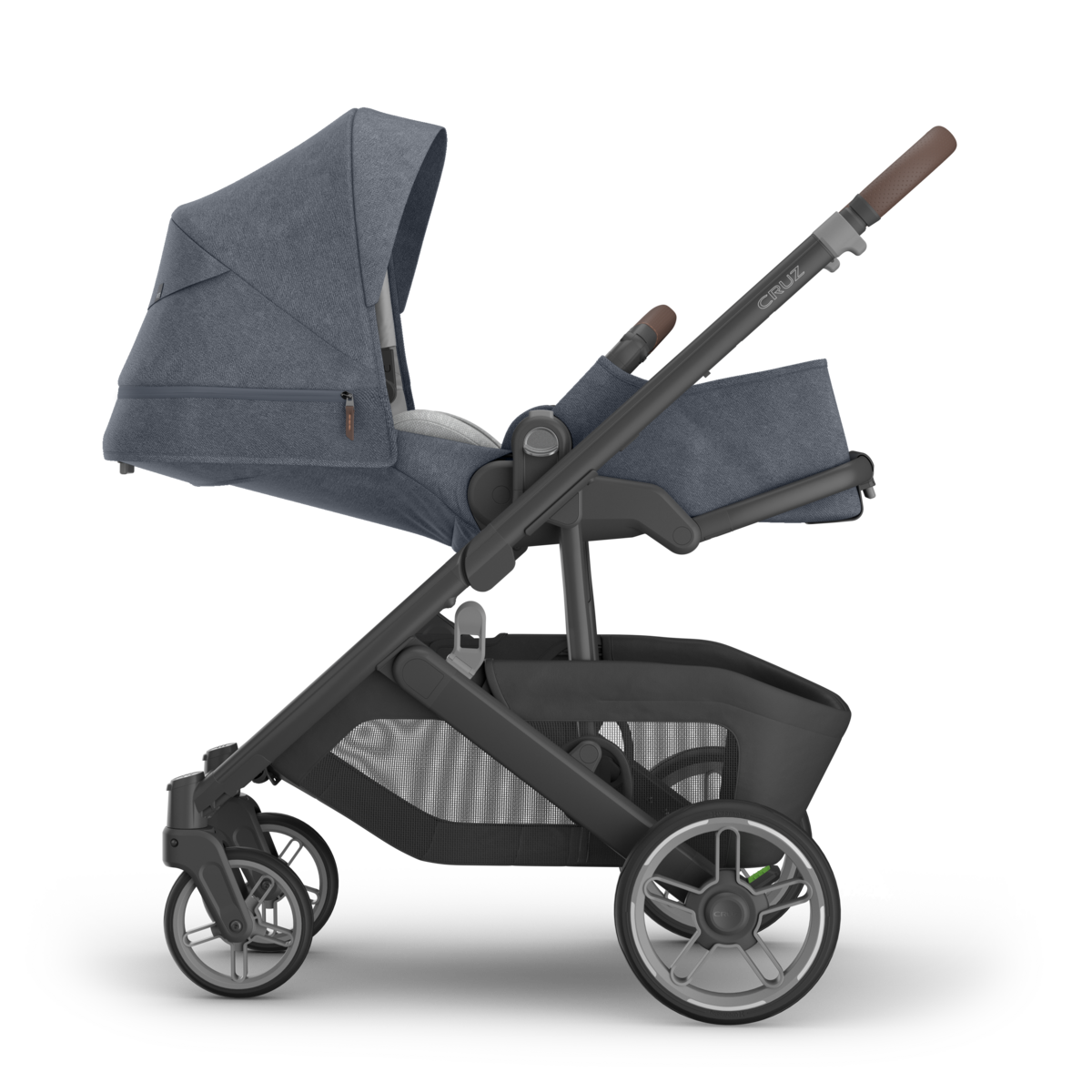 UPPAbaby Cruz V3 Stroller - Julian (Dusty Blue Melange/Carbon Frame/Chestnut Leather) - Side View with Full Recline Infant Ready