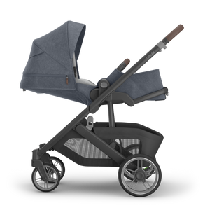 UPPAbaby Cruz V3 Stroller - Julian (Dusty Blue Melange/Carbon Frame/Chestnut Leather) - Side View with Full Recline Infant Ready