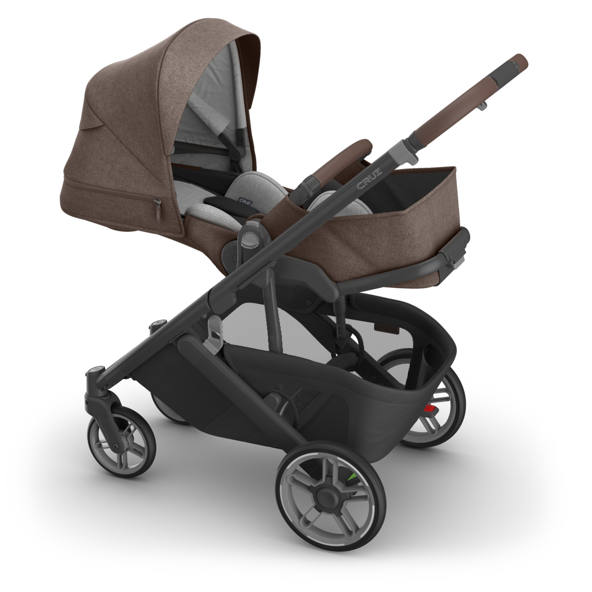 UPPAbaby Cruz V3 Stroller - Owen (Mocha Melange/Carbon Frame/Chestnut Leather) - Side Angle Reclined with Infant Insert