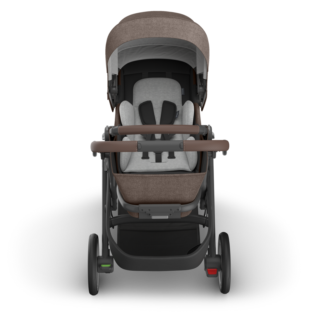 UPPAbaby Cruz V3 Stroller - Owen (Mocha Melange/Carbon Frame/Chestnut Leather) - Front View with Infant Insert
