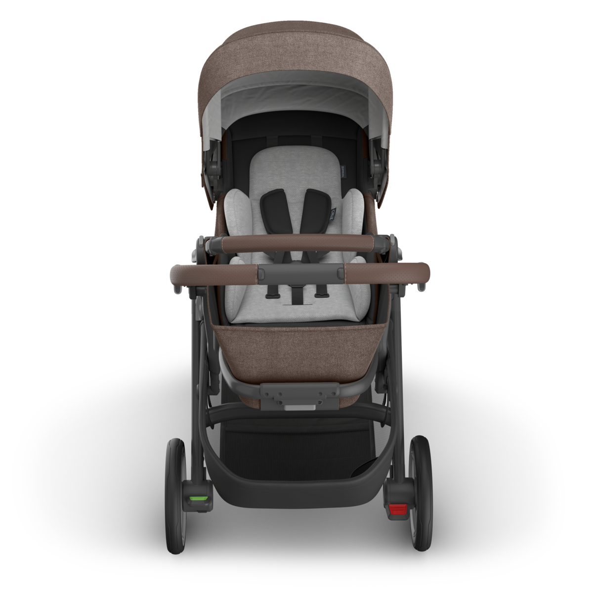 UPPAbaby Cruz V3 Stroller - Owen (Mocha Melange/Carbon Frame/Chestnut Leather) - Front View with Infant Insert