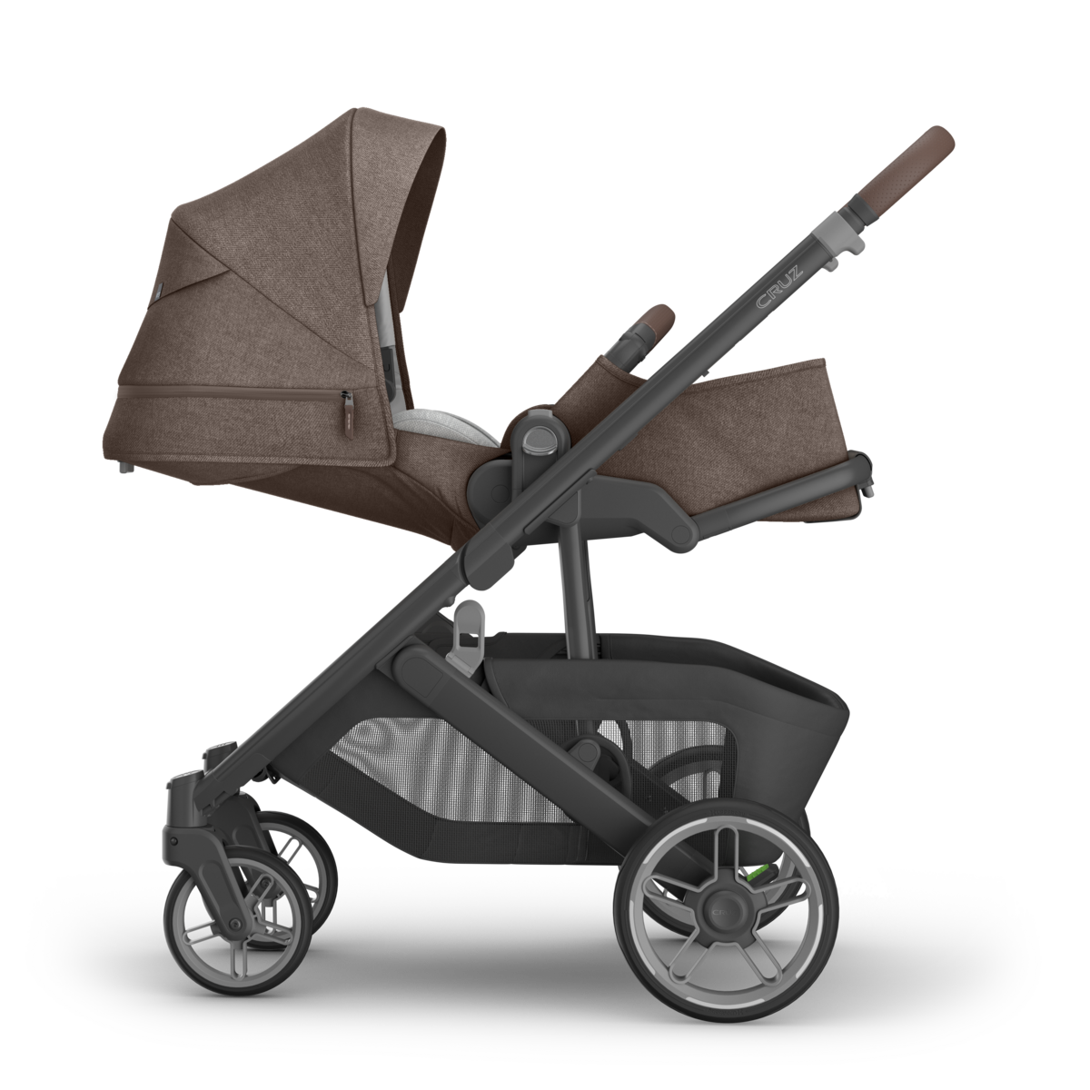 UPPAbaby Cruz V3 Stroller - Owen (Mocha Melange/Carbon Frame/Chestnut Leather) - Side View Full Recline Infant Ready