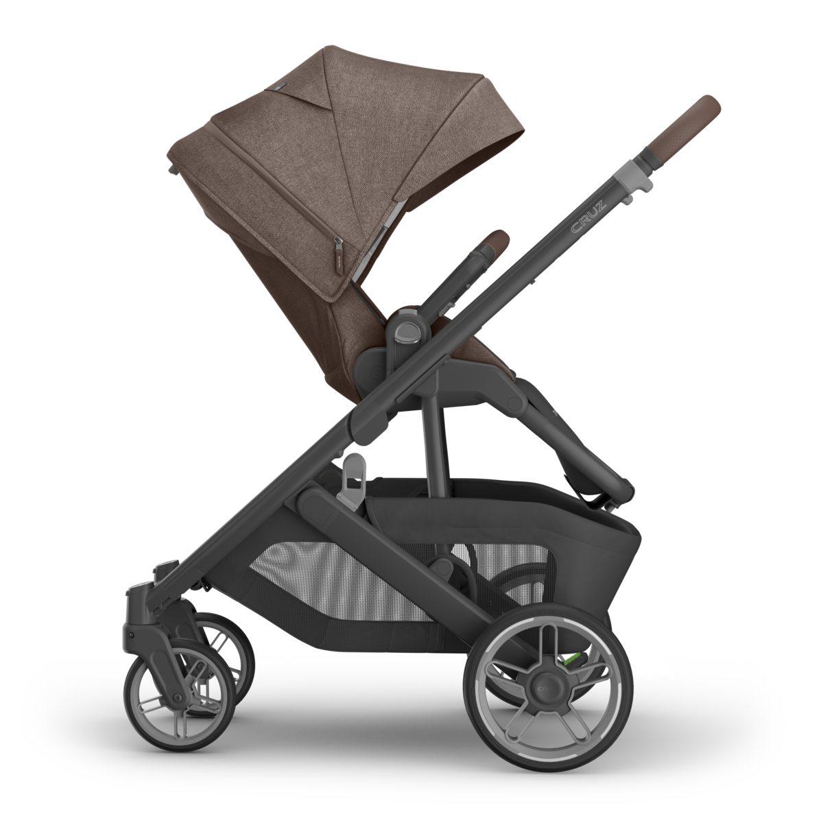 UPPAbaby Cruz V3 Stroller - Owen (Mocha Melange/Carbon Frame/Chestnut Leather) - Side View Upright
