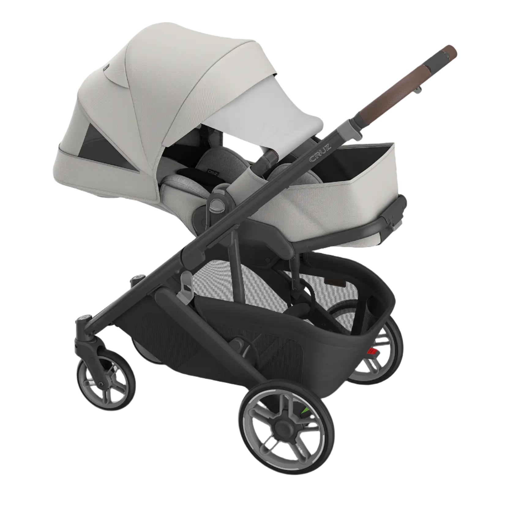 UPPAbaby Cruz V3 Stroller - Savannah (Pearl Gray Jacquard/Silver Frame/Chestnut Leather) - Reclined with Sun Canopy Extended