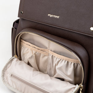 Enya Mond Luna Diaper Bag Backpack - Brunette Front Pocket Detail