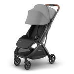 UPPAbaby Minu V3 Stroller - Greyson (Charcoal Melange/Carbon/Saddle Leather) - Angle View with Canopy Extended