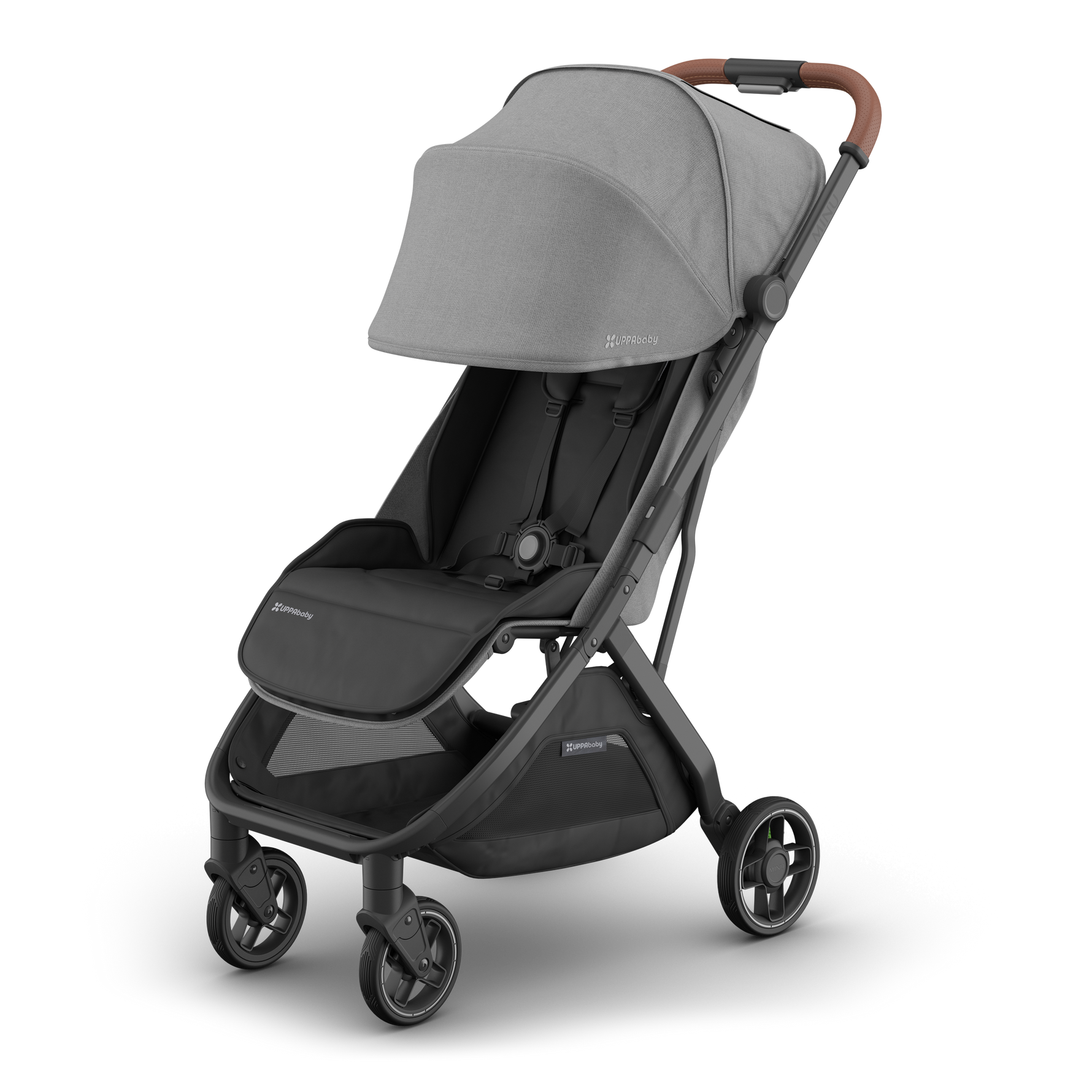 UPPAbaby Minu V3 Stroller - Greyson (Charcoal Melange/Carbon/Saddle Leather) - Angle View with Canopy Extended