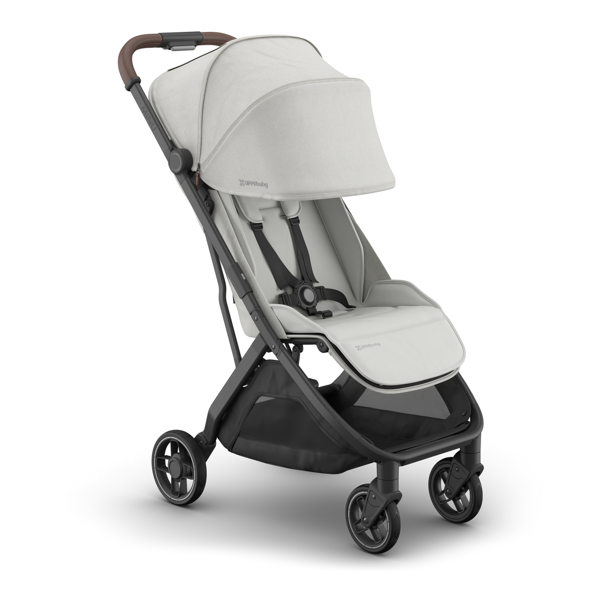 UPPAbaby Minu V3 Stroller - Savannah (Pearl Grey Jacquard/Carbon/Chestnut Leather) - Front Angle View with Canopy Extended