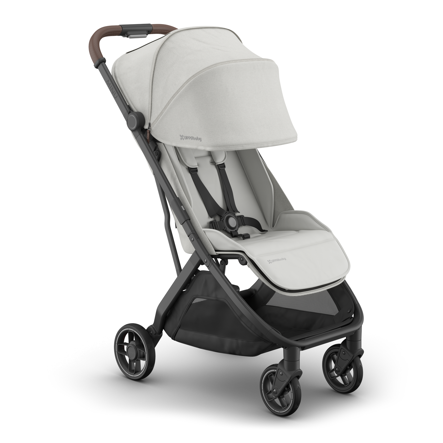 UPPAbaby Minu V3 Stroller - Savannah (Pearl Grey Jacquard/Carbon/Chestnut Leather) - Front Angle View with Canopy Extended