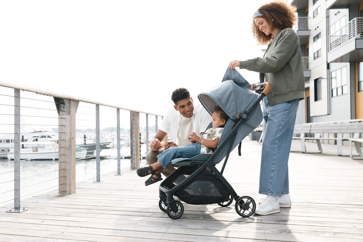 UPPAbaby Minu V3 Stroller - Dillan (Stone Blue/Carbon/Sand Leather) - Lifestyle 1