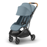 UPPAbaby Minu V3 Stroller - Dillan (Stone Blue/Carbon/Sand Leather) - Angle View with Canopy Extended
