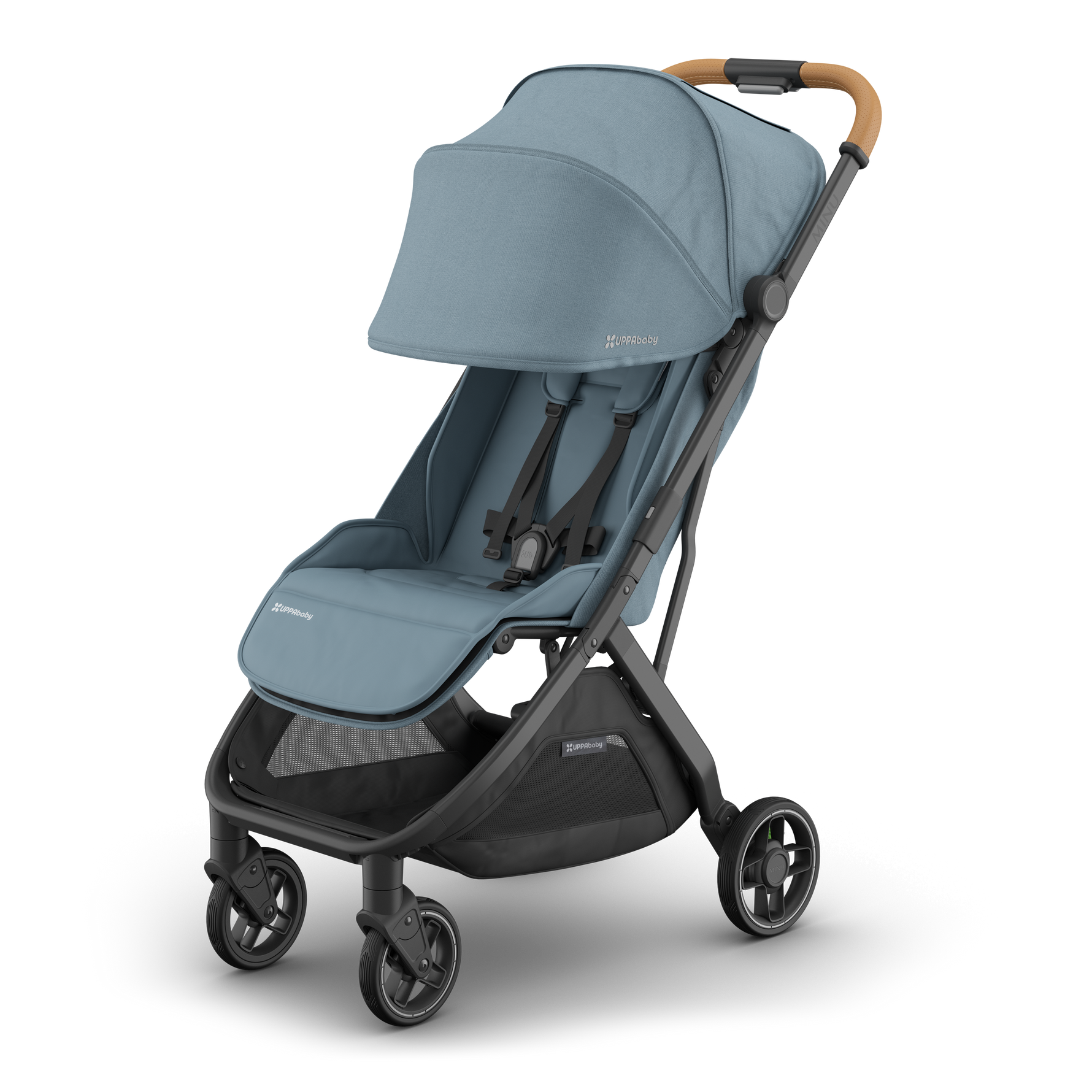 UPPAbaby Minu V3 Stroller - Dillan (Stone Blue/Carbon/Sand Leather) - Angle View with Canopy Extended